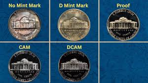 1959 Jefferson Nickel grading strip showing four condition tiers from worn to gem uncirculated side by side